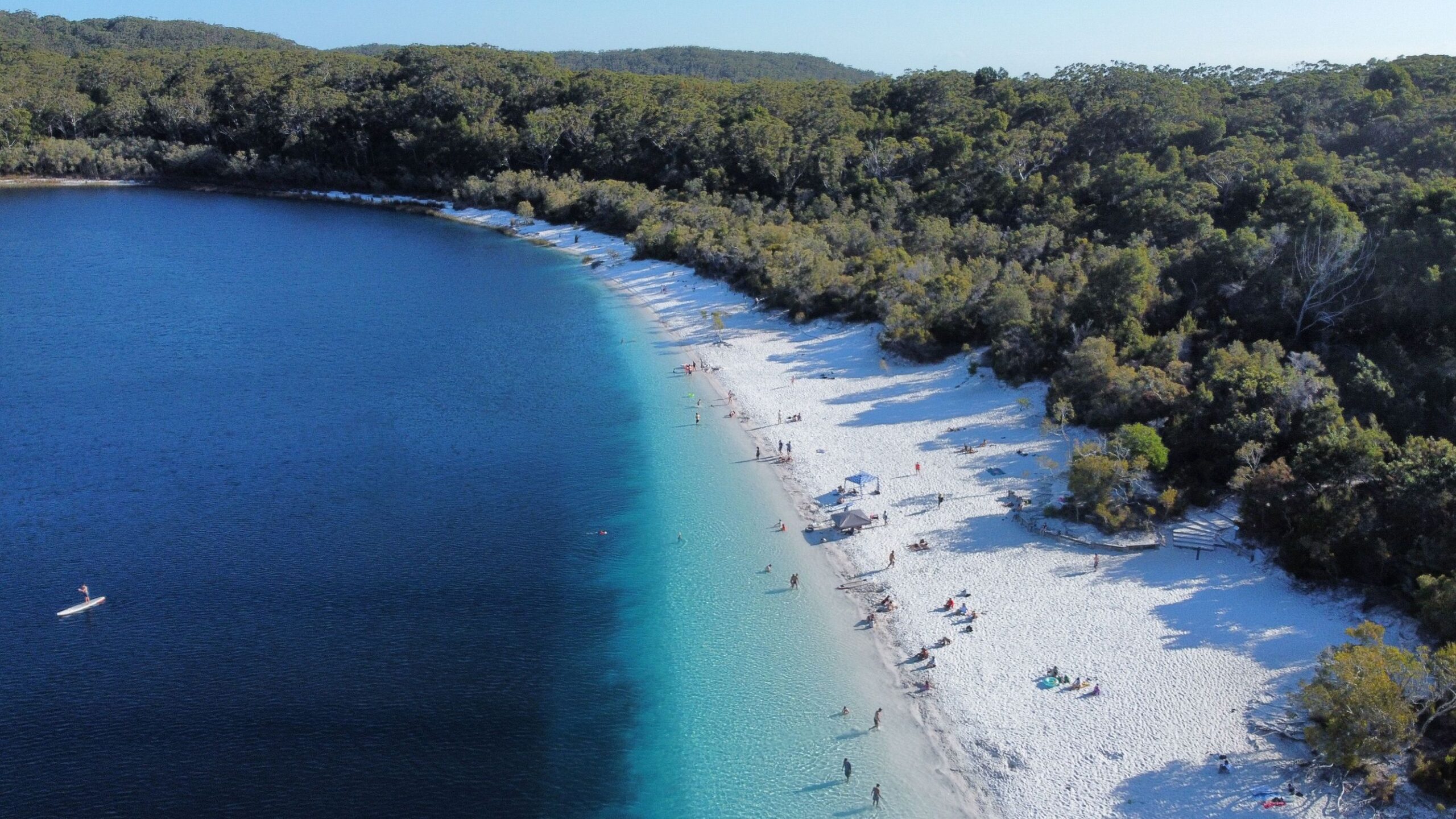Aerial view of Lake McKenzie located on K'gari